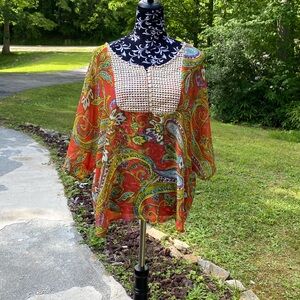 New Directions Weekend Women's Vintage Crochet Shear Multi-Color Blouse Size XL